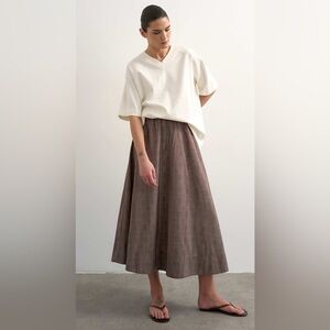 Topshop Brown Plaid A-Line Midi Skirt